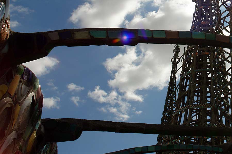 The Watts Towers as seen from the rear of the parcel of land where Sam Rodia had lived and worked in his spare time.