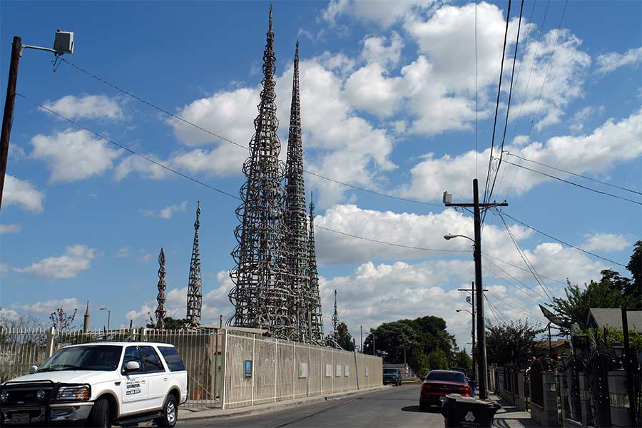 The verticality, height and upward movement of the Watts Towers by Sam Rodia. .