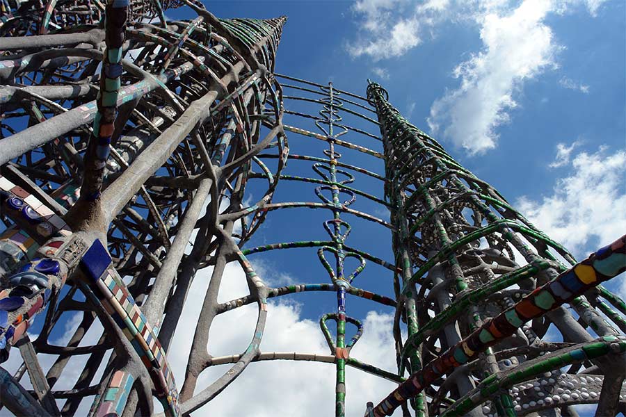 The Watts Towers as seen from the rear of the parcel of land where Sam Rodia had lived and worked in his spare time.