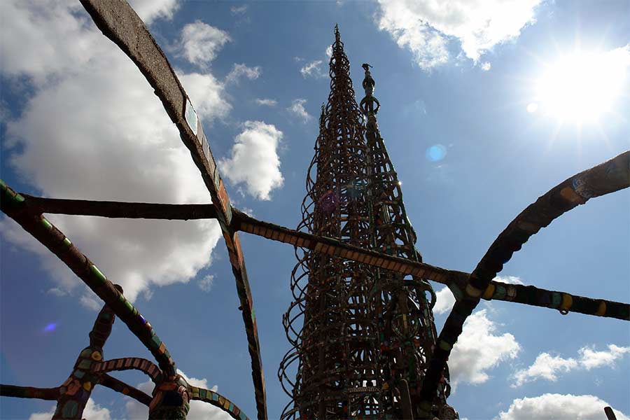 The Watts Towers as seen from the rear of the parcel of land where Sam Rodia had lived and worked in his spare time.
