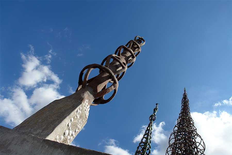 The Watts Towers as seen from the rear of the parcel of land where Sam Rodia had lived and worked in his spare time.